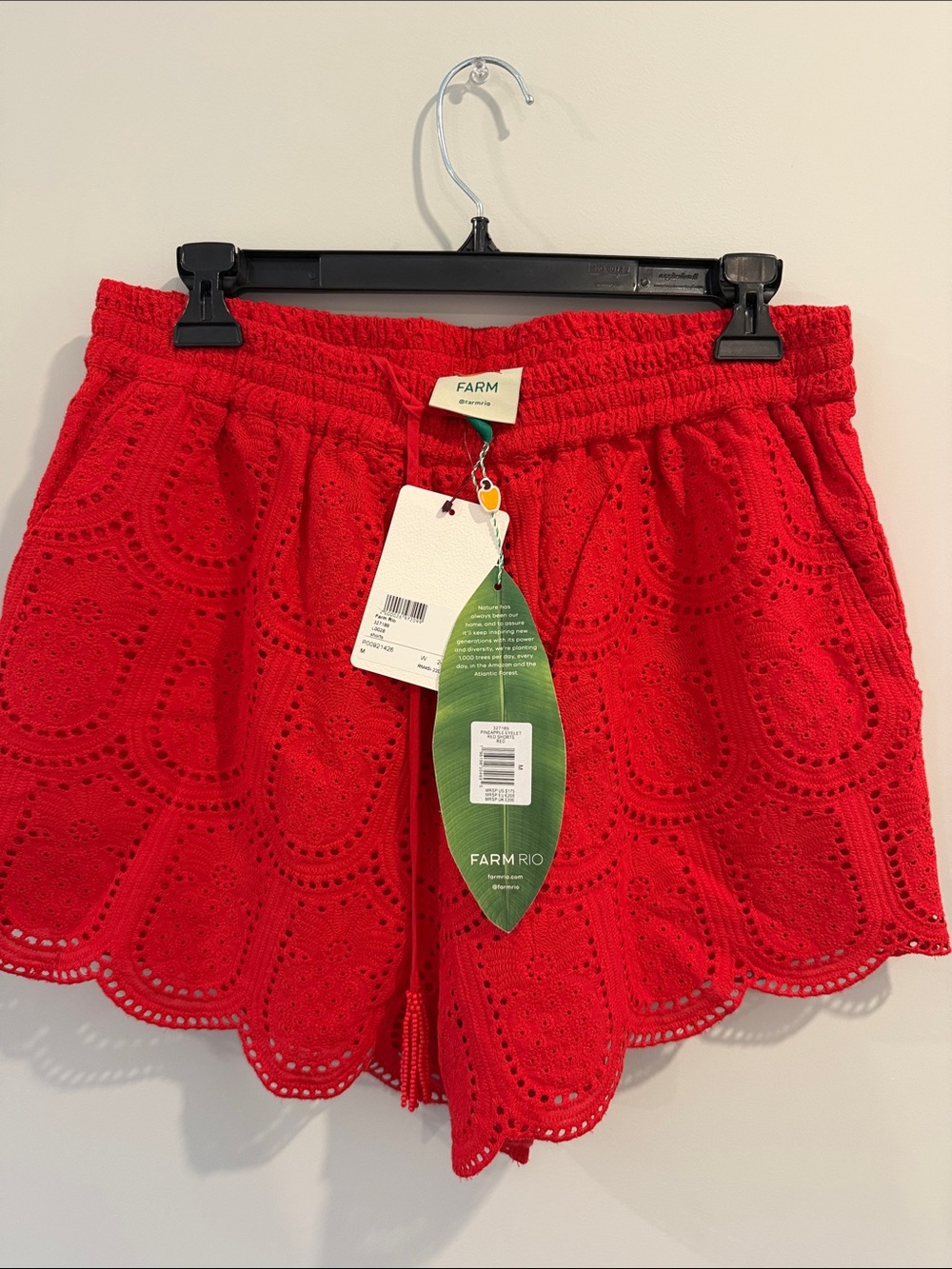 FARM Rio Red Pineapple Eyelet Scalloped High-Waist Shorts